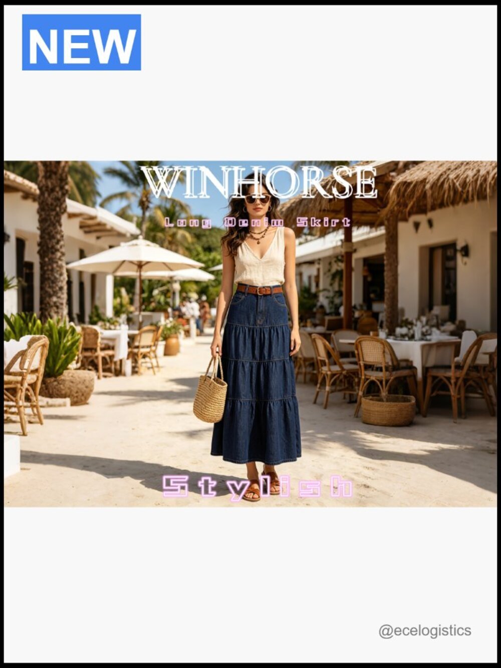 High Waisted Tiered Ruffle Denim Maxi Skirt with Pockets A-Line Boho - Picture 7 of 7